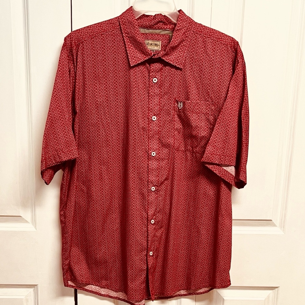 Heybo Red White Fish Print Short-Sleeve Outdoor Button-Down Shirt Size L